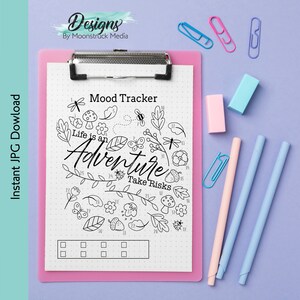 Adventure Mood Tracker afdrukbaar | Maandelijkse stemmingskaart Life is an Adventure | Dagboek- of plannerpagina met bergen | Direct downloaden