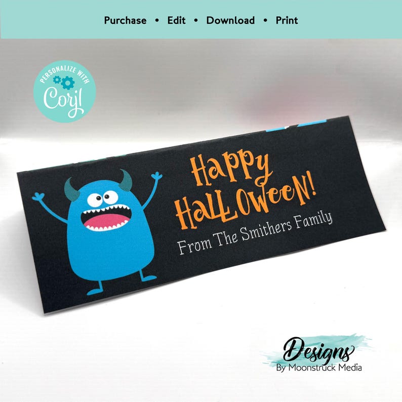 May include: Black and white printable Halloween treat bag label with a blue monster graphic and the text "Happy HALLOWEEN! From The Smithers Family".