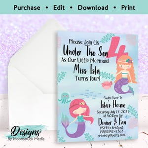 Invitación de cumpleaños de sirena para niña de 4 años / Invitación para fiesta de cuarto cumpleaños bajo el mar / Plantilla editable e imprimible para fiesta de niña