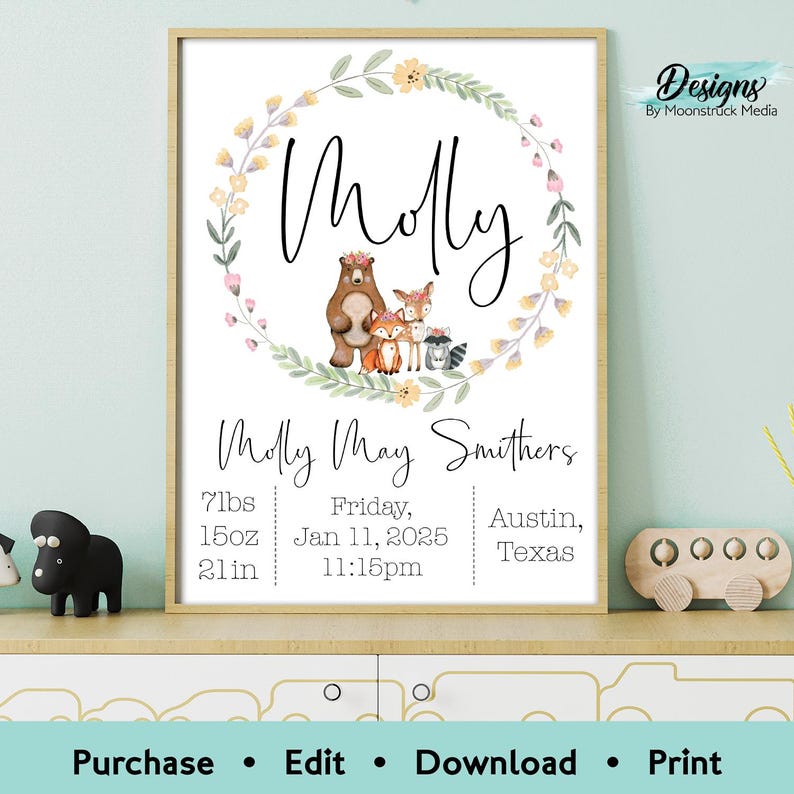 May include: A printable baby announcement with a floral wreath, a bear, a fox, and a raccoon. The text reads "Molly", "Molly May Smithers", "7lbs", "15oz", "21in", "Friday, Jan 11, 2025", "11:15pm", "Austin, Texas".