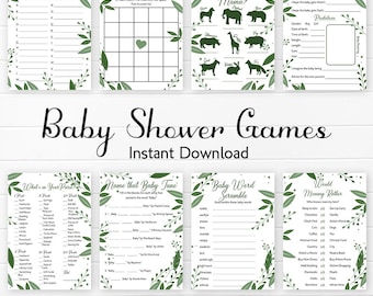 Pode incluir: Cartas de jogo de chá de bebê imprimíveis com um design de folhagem verde. Os jogos incluem "Baby Name Race", "Baby Shower Bingo", "Who's My Mama?", "Oh Baby!", "What's in Your Purse", "Name That Baby Tune", "Baby Word Scramble" e "Would Mommy Rather".