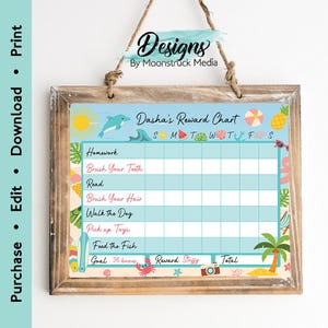 Beach Weekly Reward Chart for Kids | Editable Tropical Chore Chart Template | Summer Routine Tracker | Reusable Dry Erase Printable