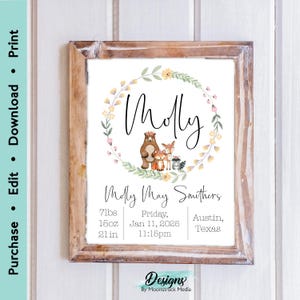 May include: A woodland-themed baby announcement print with a floral wreath, a bear and fox family, and the name "Molly" in cursive. The print includes the baby's name, birth date, time, weight, length, and location. The text reads "Molly May Smithers, 7lbs, 15oz, 21in, Friday, Jan 11, 2025, 11:15pm, Austin, Texas."