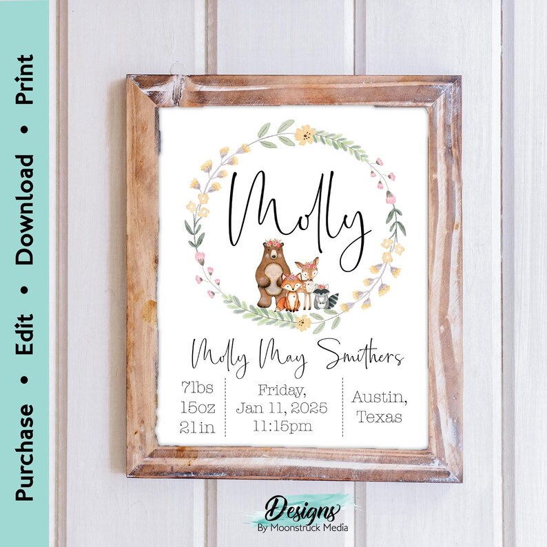 May include: A woodland-themed baby announcement print with a floral wreath, a bear and fox family, and the name "Molly" in cursive. The print includes the baby's name, birth date, time, weight, length, and location. The text reads "Molly May Smithers, 7lbs, 15oz, 21in, Friday, Jan 11, 2025, 11:15pm, Austin, Texas."