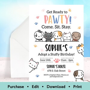 Editable pet adoption birthday invitation with cute puppies and kittens and colorful “Let’s Pawty” theme