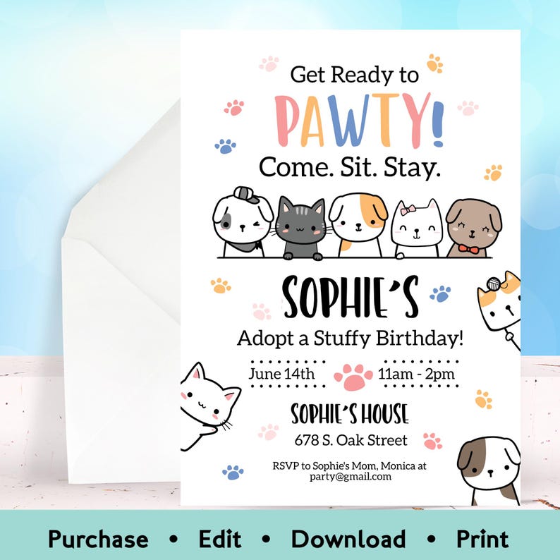 Editable pet adoption birthday invitation with cute puppies and kittens and colorful “Let’s Pawty” theme