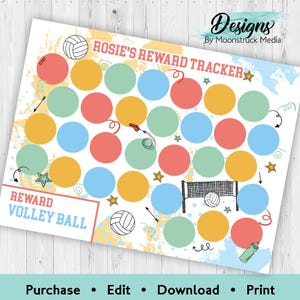 May include: A volleyball reward chart with a grid of coloured circles and volleyball illustrations. The text "Rosie's Reward Tracker" is at the top, with "Reward Volleyball" at the bottom. The chart includes the options to "Purchase", "Edit", "Download", and "Print".