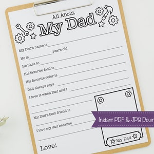 All About Dad Fill in Letter, About My Daddy, Father's Day Gift, Fill in the Blank Kids Questionnaire Gift for Dad, About Dad Page