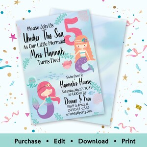 Invitación de cumpleaños de sirena para niña de 5 años / Invitación para fiesta de quinto cumpleaños bajo el mar / Plantilla editable e imprimible para fiesta de niña