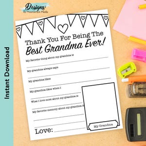 Carta de agradecimiento para completar con los espacios en blanco de la mejor abuela del mundo / Cuestionario "Todo sobre la abuela" / Regalo para el Día de la Madre de parte de los nietos