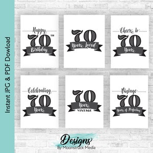 Ensemble imprimable de signes du 70e anniversaire | Décoration noir et blanc des années 70 | Enseignes de fête d'anniversaire vintage minimalistes | Téléchargement instantané