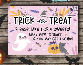Pink Halloween Trick or Treat Sign Printable | Pastel Door Decor | Candy Bowl Sign