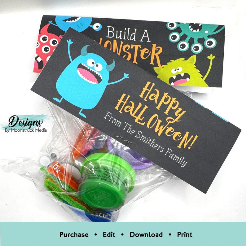May include: A black and orange Halloween treat bag with a monster-themed tag that says "Happy Halloween!" and "Build A Monster" with a blue monster on the front. The tag is from "The Smithers Family".