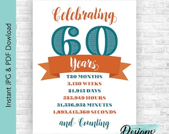 Celebrating 60 Years Sign | Teal and Orange 60th Birthday Printable | 1964 Birthday Time Breakdown Sign | Sixty Year Party Wall Art