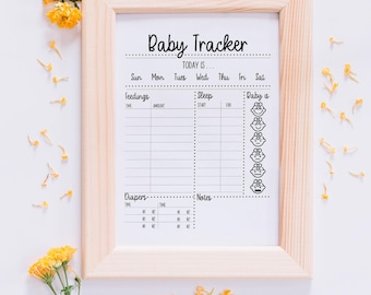 May include: Printable baby tracker chart with sections for feedings, sleep, diaper changes, and notes. The chart includes a section for recording the baby's mood with a series of cartoon faces.