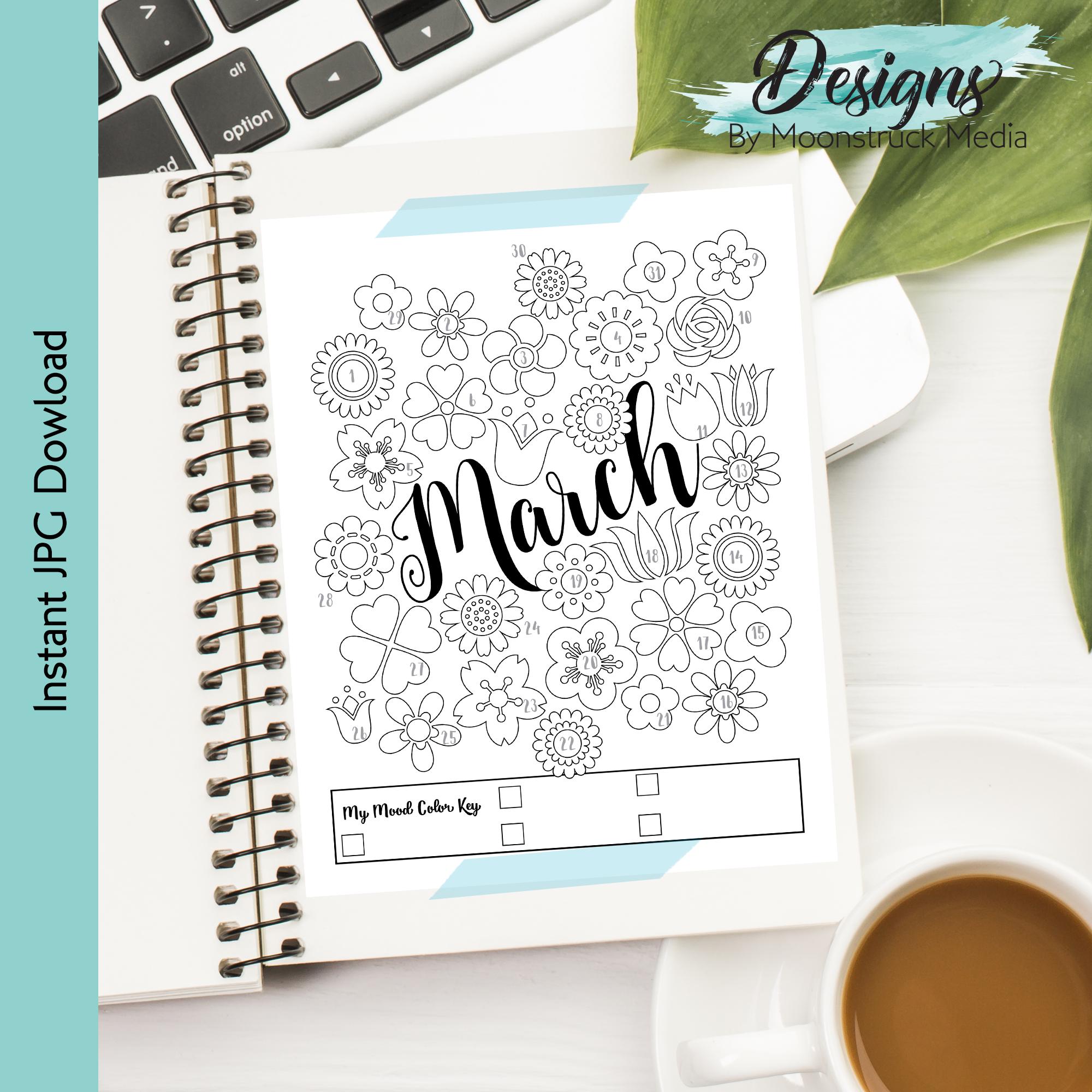 March Flower Mood Tracker Printable | Floral Bullet Journal Insert ...