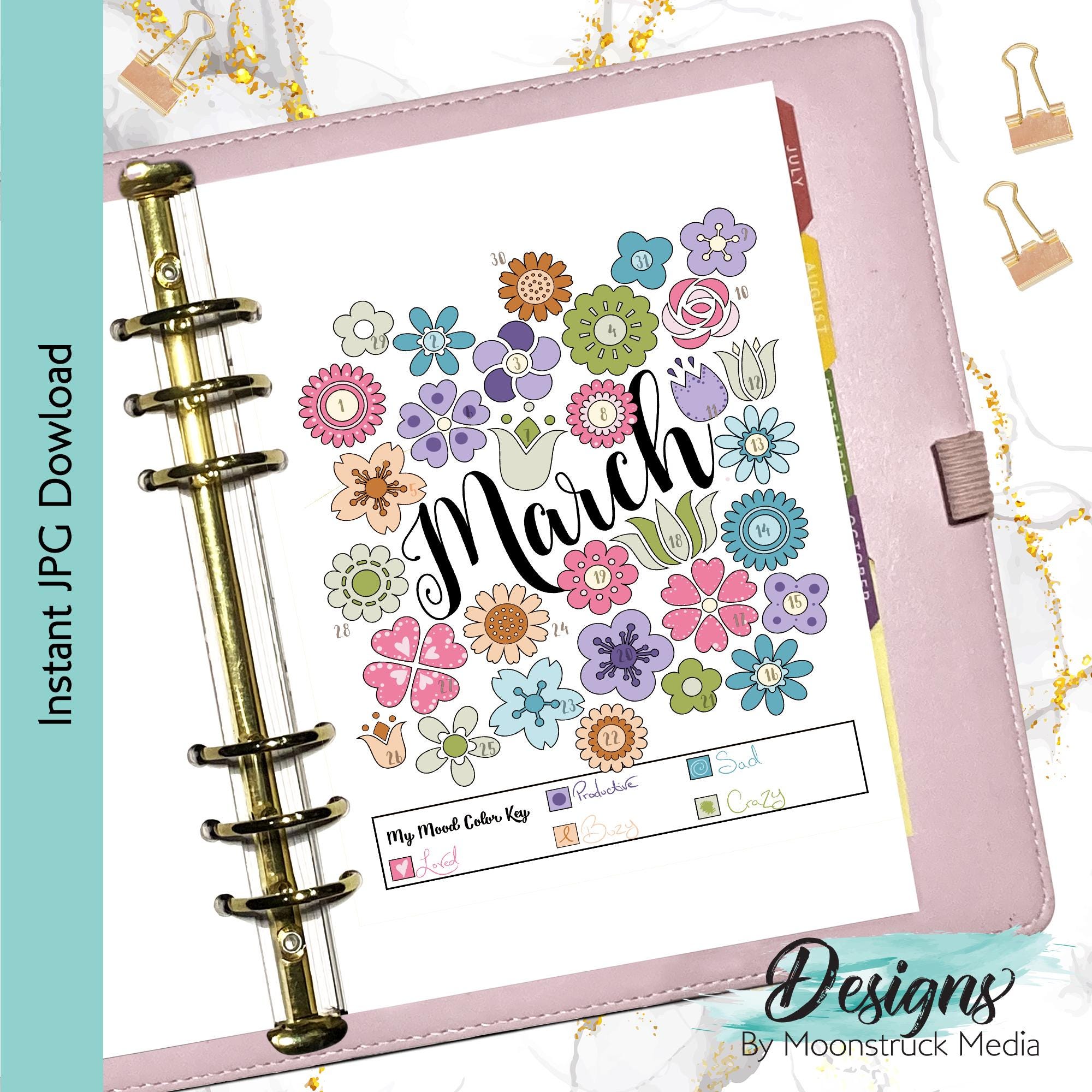 March Flower Mood Tracker Printable | Floral Bullet Journal Insert ...