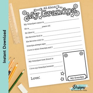 Carta imprimible "Todo sobre mi abuelo" para niños / Regalo para el Día del Padre para el abuelo de parte de sus nietos / Página para completar el espacio en blanco de recuerdo para los abuelos
