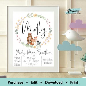 Floral woodland animals birth stats sign featuring fox, deer, and bear, personalized baby girl nursery printable wall art