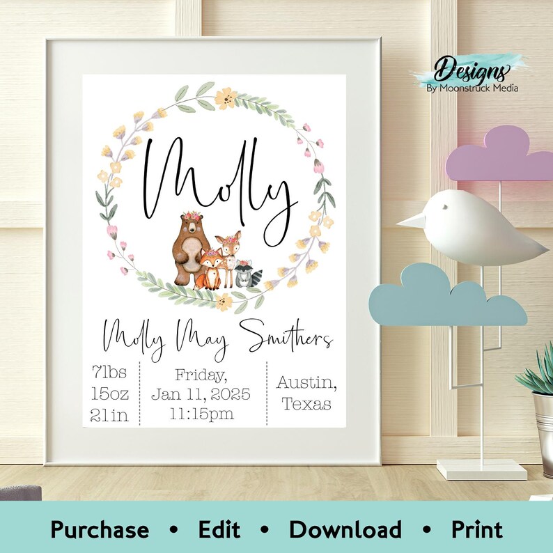 Floral woodland animals birth stats sign featuring fox, deer, and bear, personalized baby girl nursery printable wall art