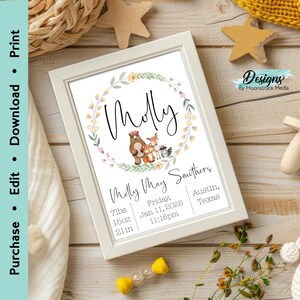 May include: A white frame with a floral wreath and the name "Molly" in cursive. The wreath includes a bear, fox, and raccoon. The text below reads "Molly May Smithers, Friday, Jan 11, 2025, 11:15pm, 7lbs, 15oz, 21in, Austin, Texas".