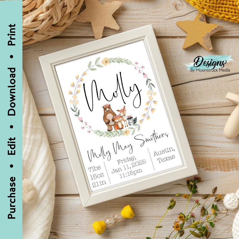 May include: A white frame with a floral wreath and the name "Molly" in cursive. The wreath includes a bear, fox, and raccoon. The text below reads "Molly May Smithers, Friday, Jan 11, 2025, 11:15pm, 7lbs, 15oz, 21in, Austin, Texas".