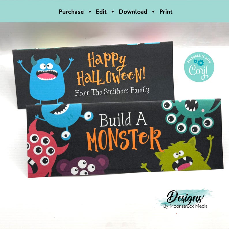 Printable “Build a Monster” Halloween favor tag featuring colorful monsters. Perfect for party bags, classroom gifts, birthdays, and DIY craft activity kits.