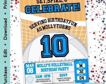 Volleyball Birthday Invitation | Custom Ticket Style Party Invite | Editable Printable Birthday Design | 5x7 Inch Digital Download