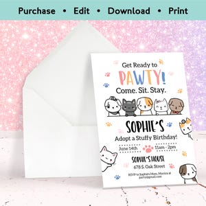 Editable pet adoption birthday invitation with cute puppies and kittens and colorful “Let’s Pawty” theme