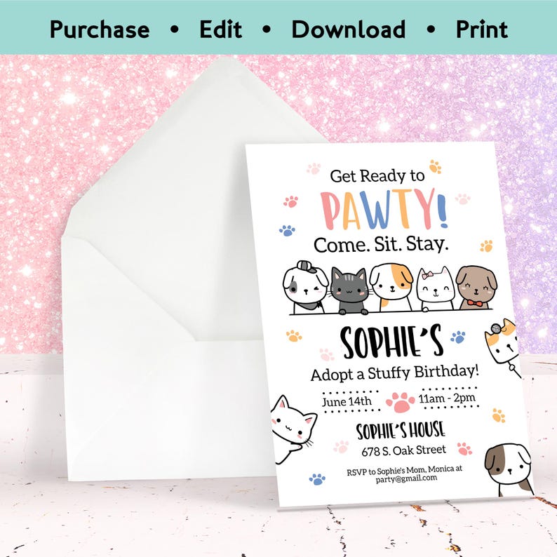 Editable pet adoption birthday invitation with cute puppies and kittens and colorful “Let’s Pawty” theme