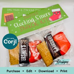 Santa&#39;s Stocking S’more Snack Kit Label | Printable Christmas Treat Bag Topper | Cute Holiday Favor Tag for Classroom or Party Gift