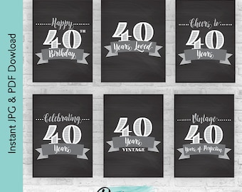 Chalkboard 40th Birthday Decoration Bundle | White and Black Chalkboard Printable Sign Pack | Cheers to 40 Years Milestone Decor