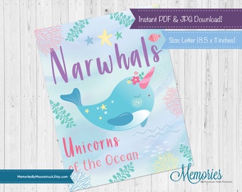 Narwhals Unicorns of the Ocean Mermaid Party Sign, Mermaid Birthday Party, Mermaid Party Decor, Mermaid Them Party Decoration, Under the Sea