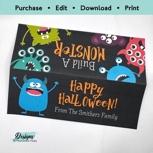 May include: A black and orange printable Halloween card with a monster theme. The card says "Build A Monster" and "Happy Halloween!" with the text "From The Smithers Family" at the bottom.