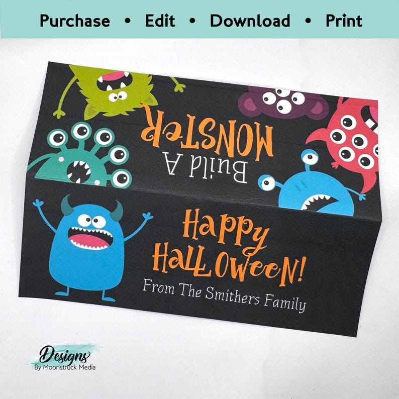 May include: A black and orange printable Halloween card with a monster theme. The card says "Build A Monster" and "Happy Halloween!" with the text "From The Smithers Family" at the bottom.