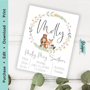 Floral woodland animals birth stats sign featuring fox, deer, and bear, personalized baby girl nursery printable wall art