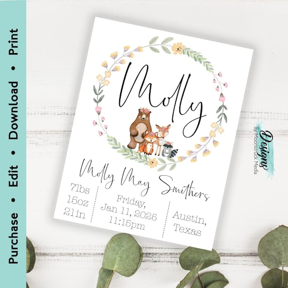 Floral Woodland Animals Birth Stats Sign | Baby Girl Nursery Printable | Personalized Newborn Wall Art | Forest Animal Baby Announcement