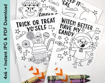 Halloween Coloring Cards for Kids: Printable Trick or Treat Favors (PDF)
