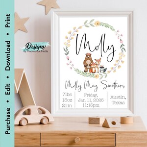 May include: A white printable nursery art print with a floral wreath and a cute woodland animal illustration. The print includes the name "Molly" and the text "Molly May Smithers", "7lbs", "15oz", "21in", "Friday, Jan 11, 2025", "11:15pm", "Austin, Texas".