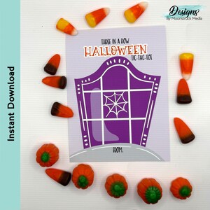 Kaart met boterham en snoepzakje voor Halloween | Ontwerp grafsteen | Halloween-feestbedankje | Direct downloaden