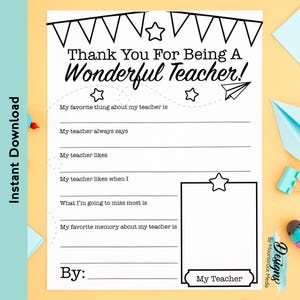 Vielen Dank, dass Sie Lehrer Fill-in-the-Blank Printable | Lehreranerkennungsbrief von Kindern | Ende des Jahres oder Lehrer-Geschenk-Seite