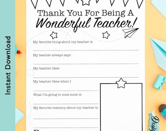 Thank You Teacher Fill-in-the-Blank Printable | Teacher Appreciation Letter from Kids | End of Year or Teacher Gift Page