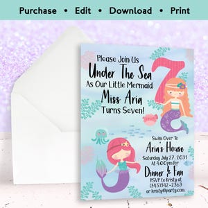 Invitación de cumpleaños de sirena para niña de 7 años / Invitación para fiesta de séptimo cumpleaños bajo el mar / Plantilla editable e imprimible para fiesta de niña