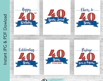 Paquete de decoración para cumpleaños número 40 en rojo y azul / Paquete de letreros imprimibles / Decoración para fiesta de 40 años