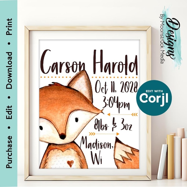 Letrero personalizable con estadísticas para recién nacidos / Diseño de zorro lindo / Información de nacimiento / Editable / Tema de bosque