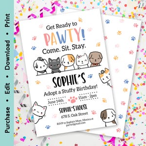 Editable pet adoption birthday invitation with cute puppies and kittens and colorful “Let’s Pawty” theme
