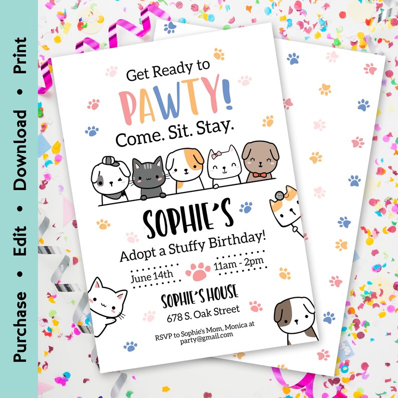 Editable pet adoption birthday invitation with cute puppies and kittens and colorful “Let’s Pawty” theme