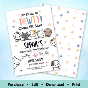 Editable pet adoption birthday invitation with cute puppies and kittens and colorful “Let’s Pawty” theme