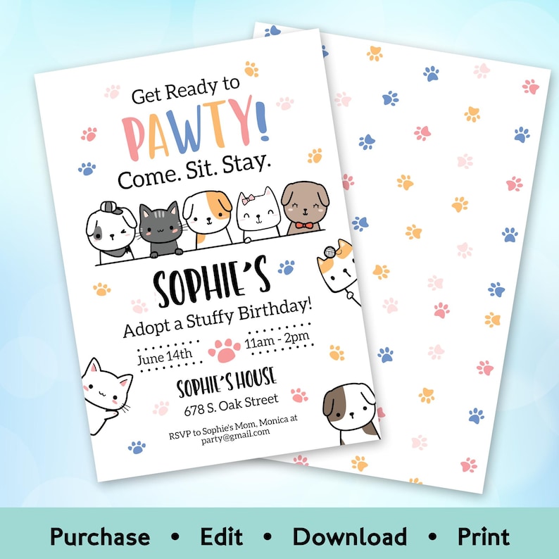 Editable pet adoption birthday invitation with cute puppies and kittens and colorful “Let’s Pawty” theme