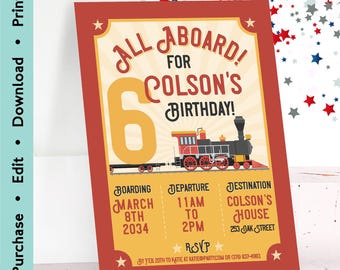 Train Birthday Invitation for 6th Birthday | Custom Red Train Party Invite | Editable Printable Birthday Card | 5x7 Inch Digital Download